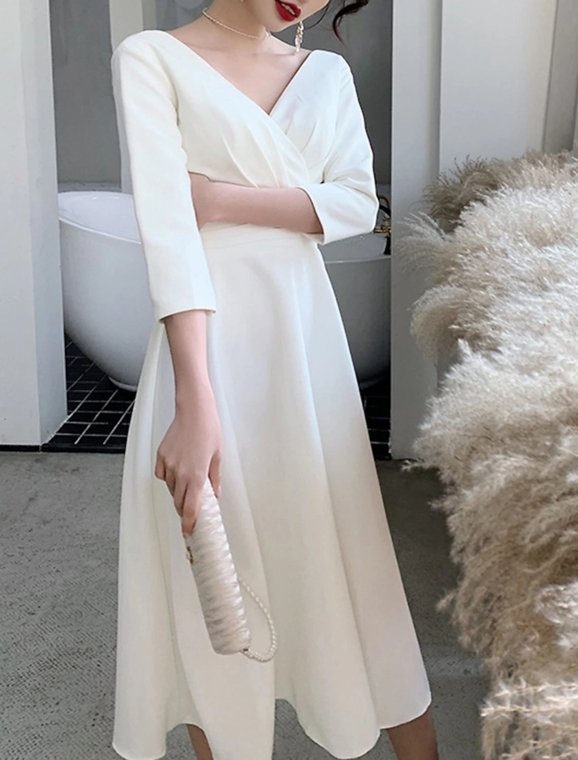 Reception Little White Dresses Wedding Dresses A-Line V Neck 3/4 Length Sleeve Knee Length Stretch Fabric Bridal Gowns With