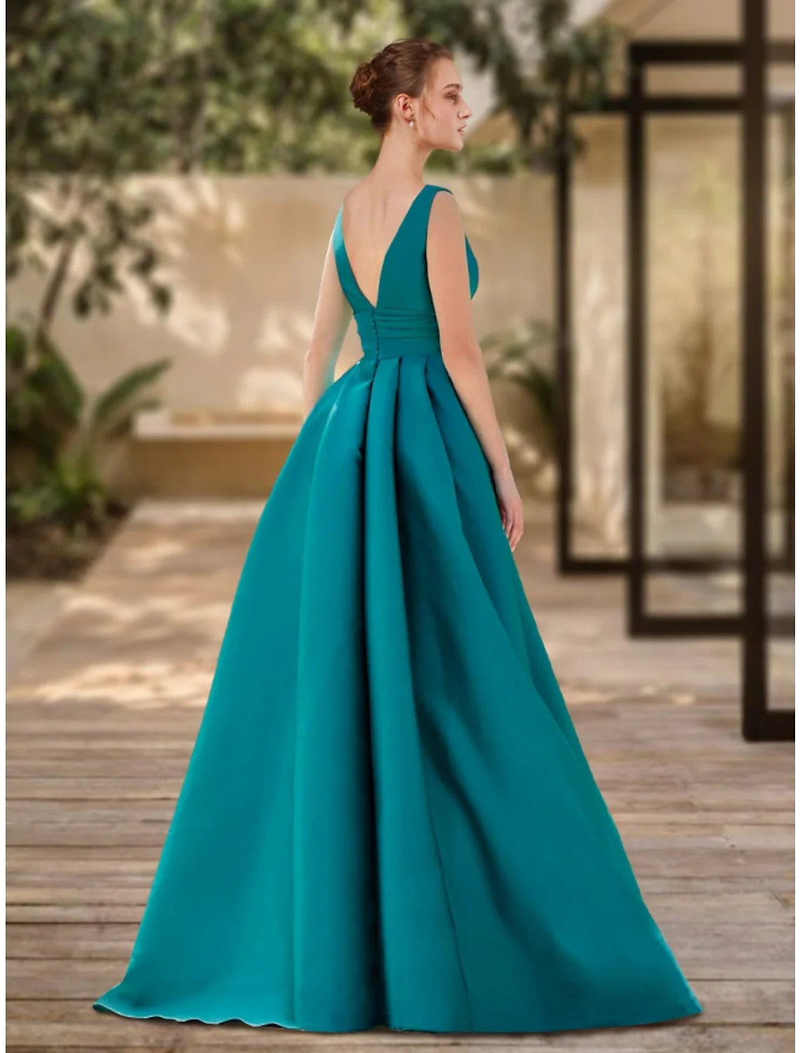 DingjiA-Line Evening Gown Elegant Dress Formal Sweep / Brush Train Christmas Red Green Dress Sleeveless V Neck Satin with Pleats Ruched