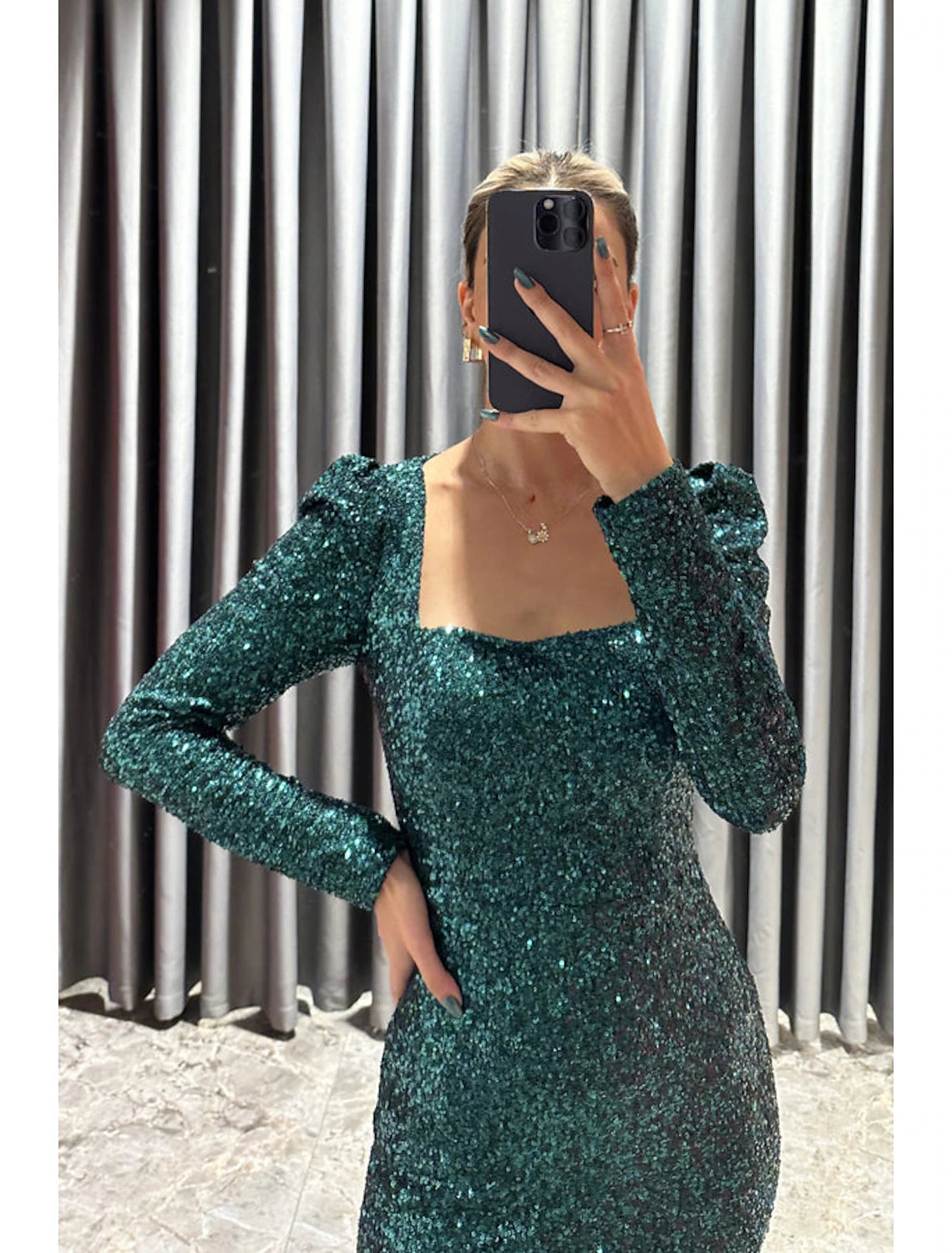 Sheath / Column Evening Gown Elegant Black Dress Formal Fall Tea Length Long Sleeve Square Neck Sequined with Glitter Slit