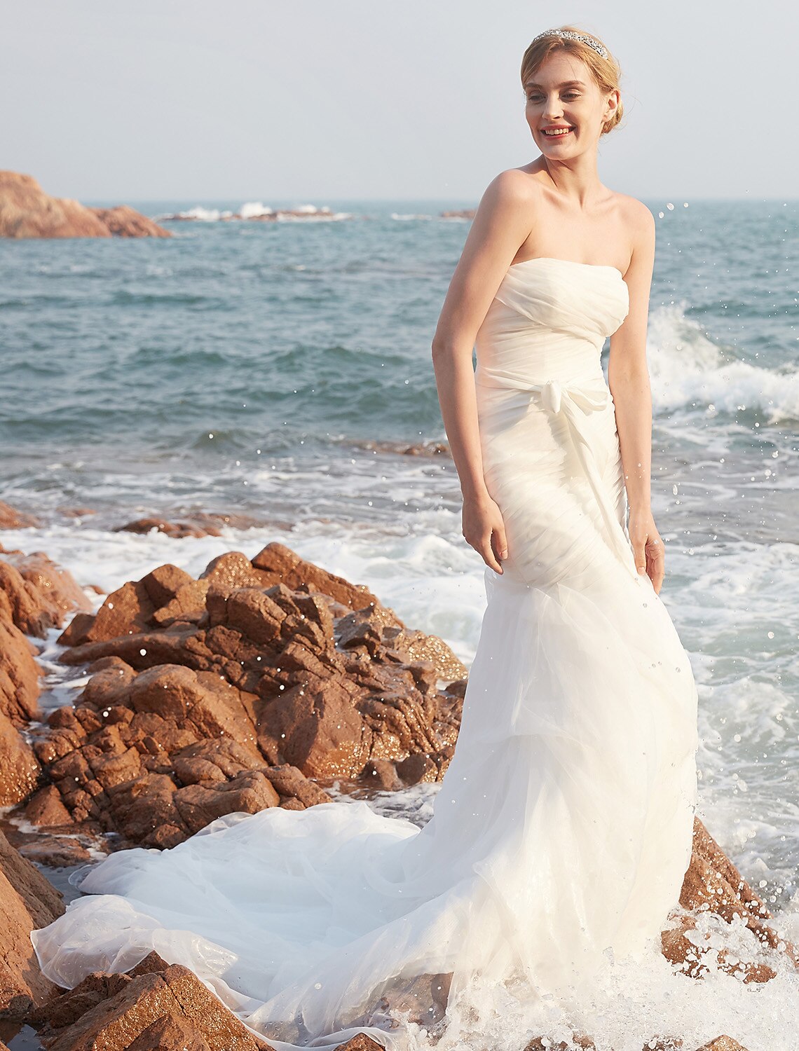 Wedding Dresses Mermaid / Trumpet Strapless Sleeveless Court Train Organza Bridal Gowns With Bowknot Pick Up Skirt