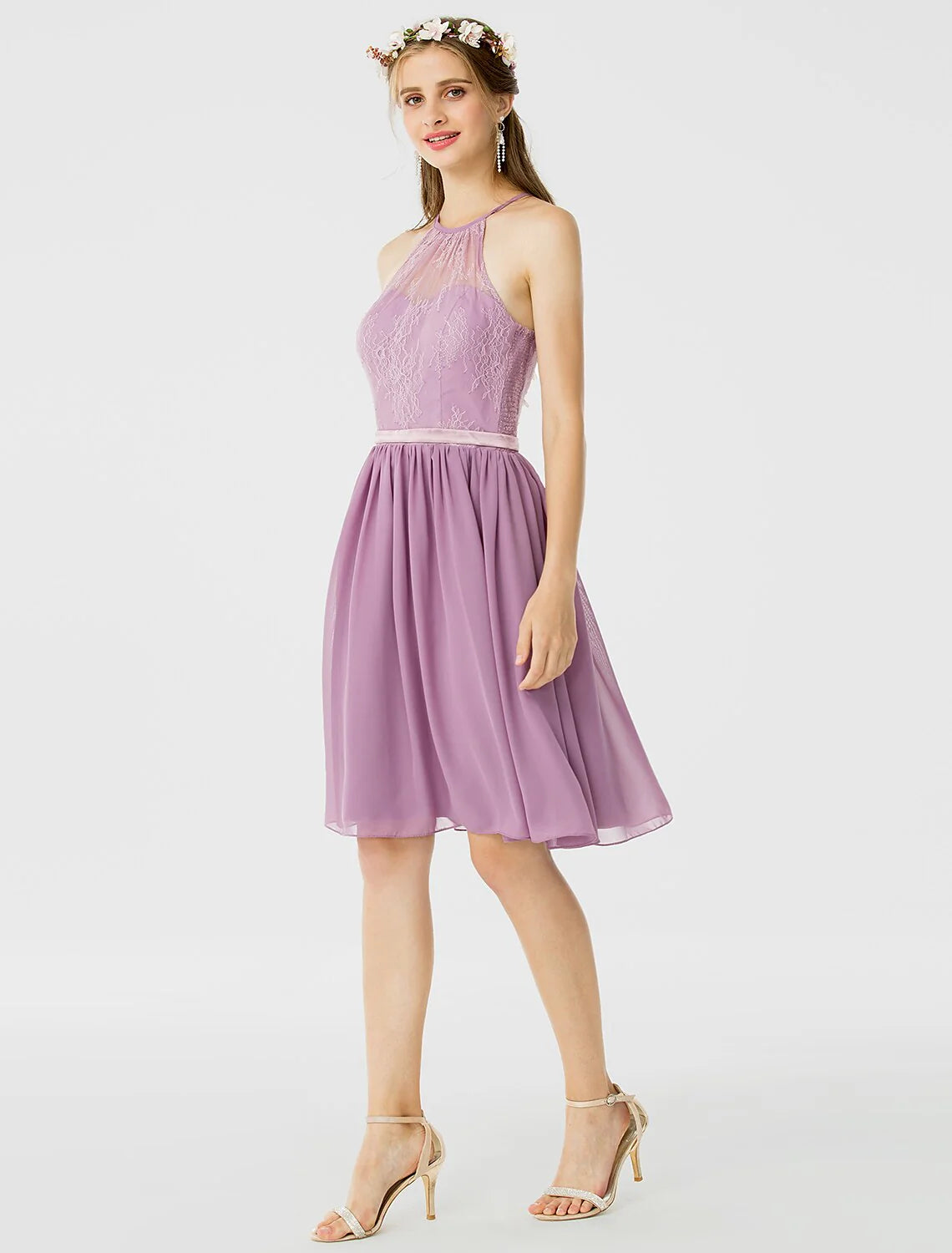 DingjiA-Line / Princess Halter Neck Knee Length Chiffon / Corded Lace Bridesmaid Dress with Sash / Ribbon / Pleats