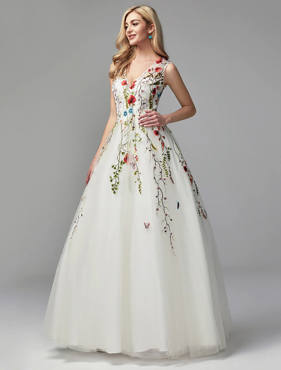 A-Line Special Occasion Dresses Floral Dress Valentine's Day Wedding Guest Floor Length Sleeveless V Neck Lace with Embroidery Appliques