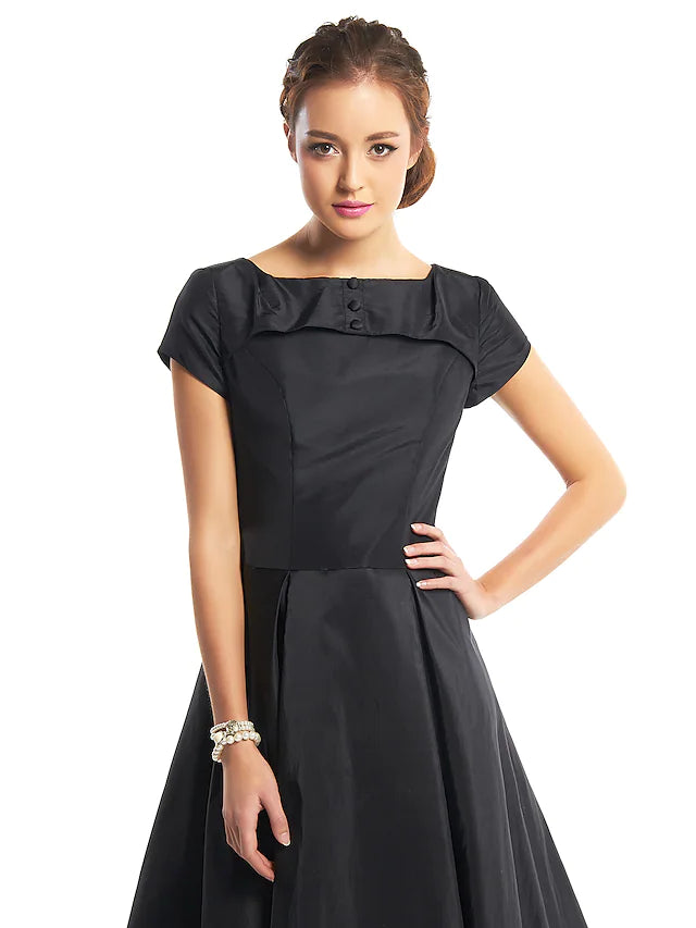 DingjiA-Line Vintage Dress Homecoming Tea Length Short Sleeve Boat Neck Taffeta with Buttons