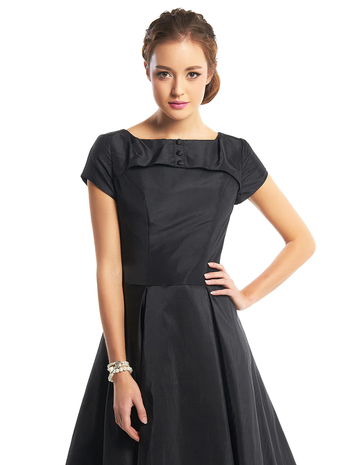 DingjiA-Line Black Dress Vintage Homecoming Wedding Guest Tea Length Short Sleeve Boat Neck Taffeta with Buttons