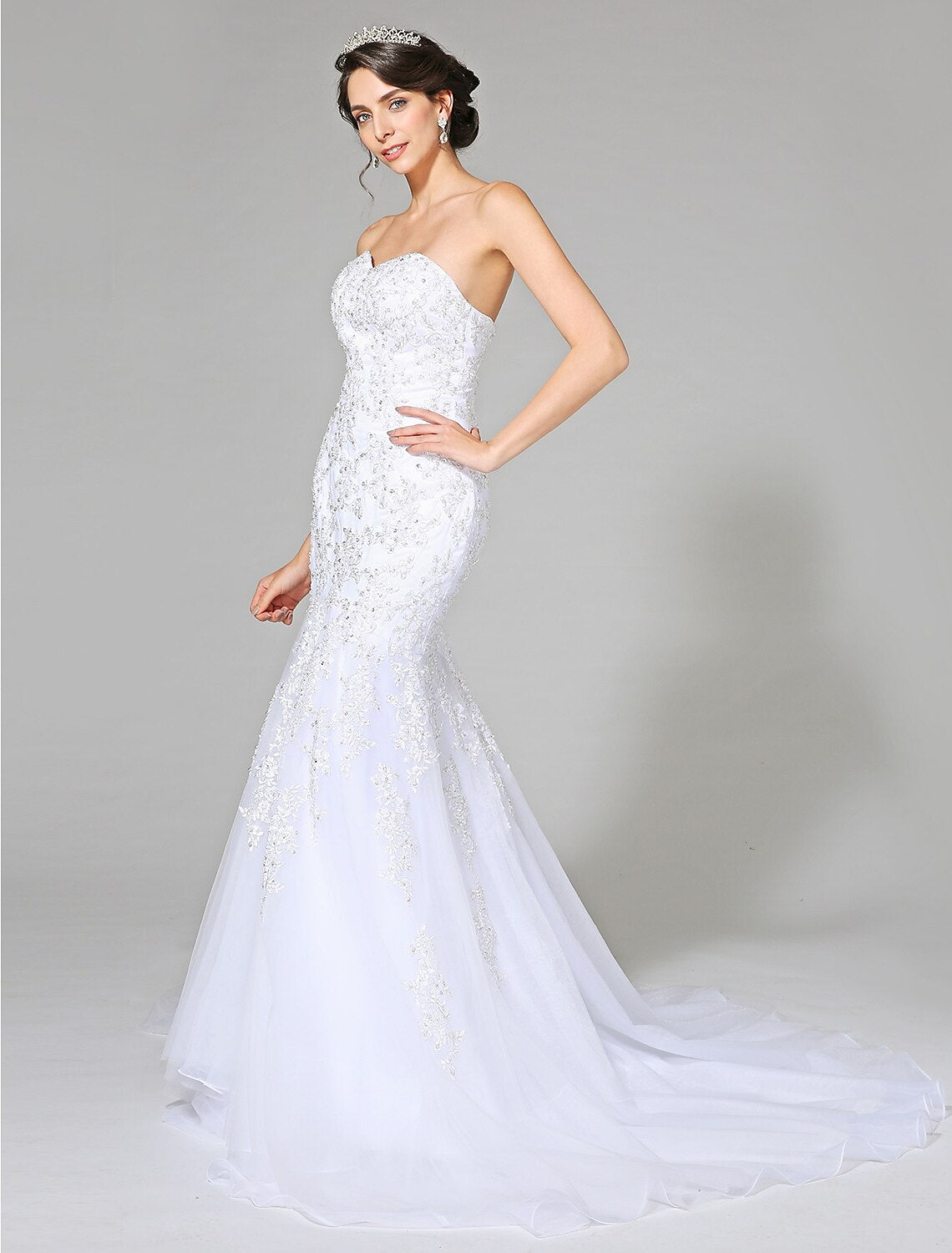 Wedding Dresses Mermaid / Trumpet Sweetheart Sleeveless Sweep / Brush Train Tulle Bridal Gowns With Crystal Beading