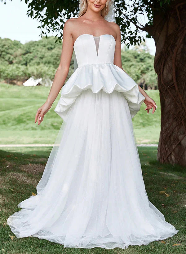 A-Line Strapless Sleeveless Sweep Train Satin Tulle Wedding Dresses With