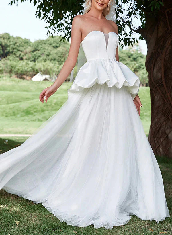A-Line Strapless Sleeveless Sweep Train Satin Tulle Wedding Dresses With