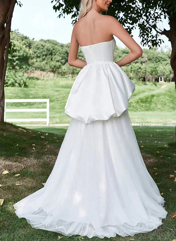 A-Line Strapless Sleeveless Sweep Train Satin Tulle Wedding Dresses With