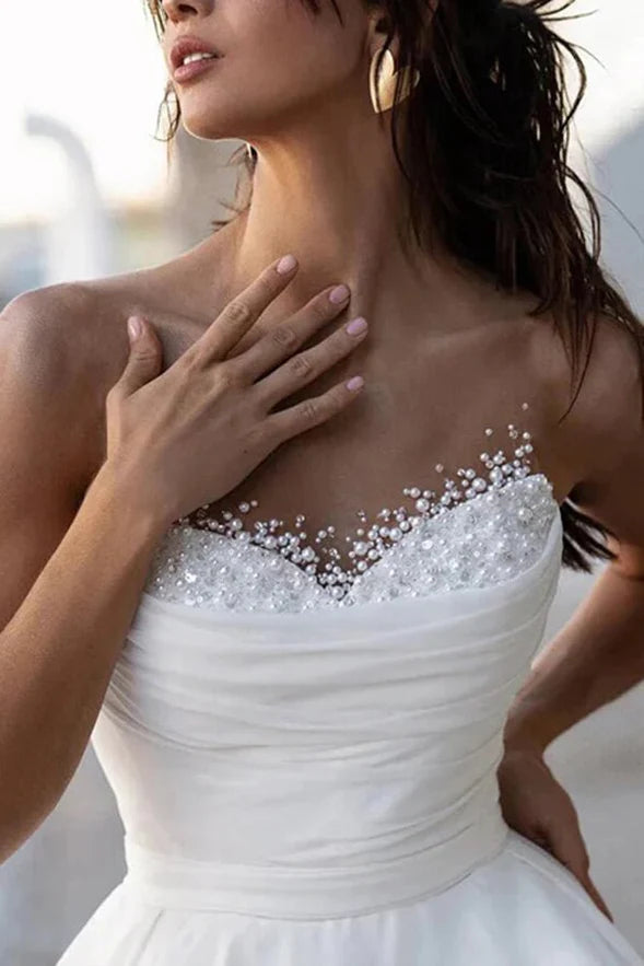 A-line Sweetheart Modest Wedding Dresses With Pearls