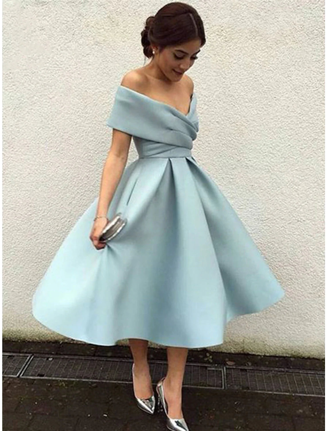 DingjiA-Line Wedding Guest Party Dress Vintage Dress Summer Semi Formal Tea Length Sleeveless Off Shoulder Satin with Ruched