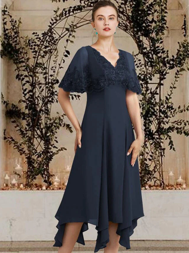 A-Line Mother of the Bride Dress Plus Size Elegant High Low V Neck Asymmetrical Tea Length Chiffon Lace Sleeveless with Appliques