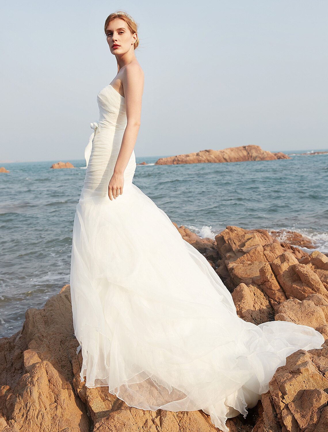 Wedding Dresses Mermaid / Trumpet Strapless Sleeveless Court Train Organza Bridal Gowns With Bowknot Pick Up Skirt
