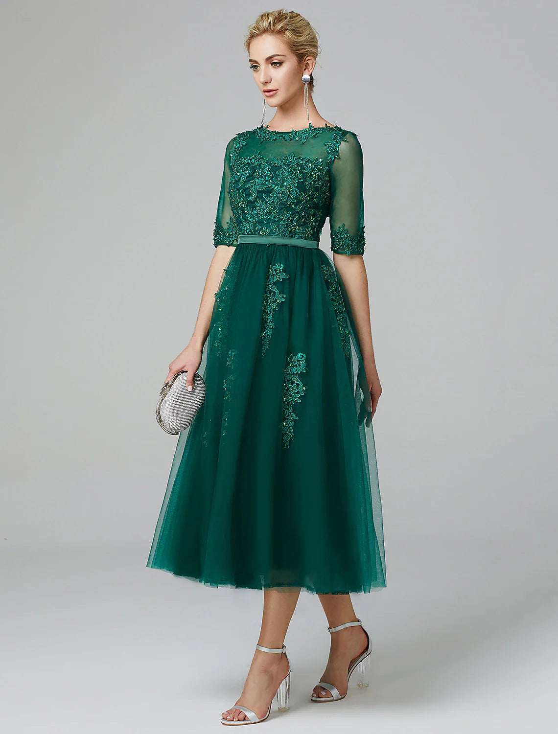 DingjiA-Line Cocktail Dress Christmas Red Green Dress Formal Evening Kentucky Derby Tea Length Sleeveless Illusion Neck Fall Wedding Guest Lace Over Tulle with Sequin Appliques