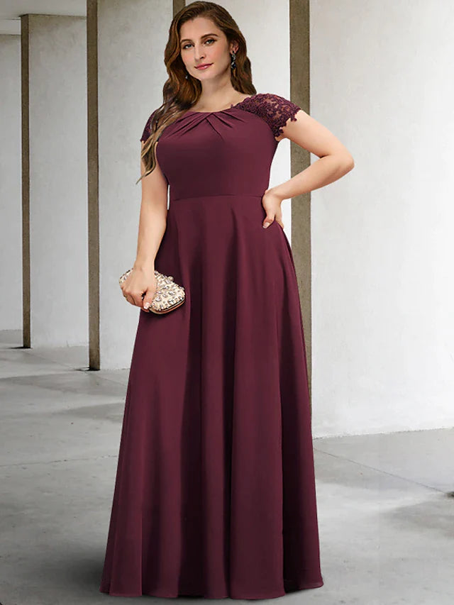 A-Line Plus Size Curve Mother of the Bride Dresses Elegant Dress Formal Floor Length Short Sleeve Jewel Neck Chiffon with Pleats Appliques