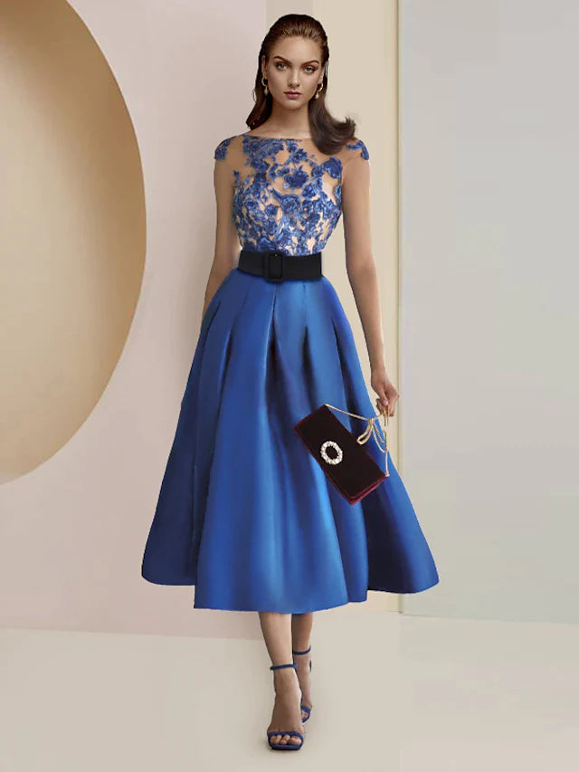 A-Line Mother of the Bride Dress Formal Wedding Guest Party Elegant Scoop Neck Tea Length Satin Lace Cap Sleeve with Pleats Appliques