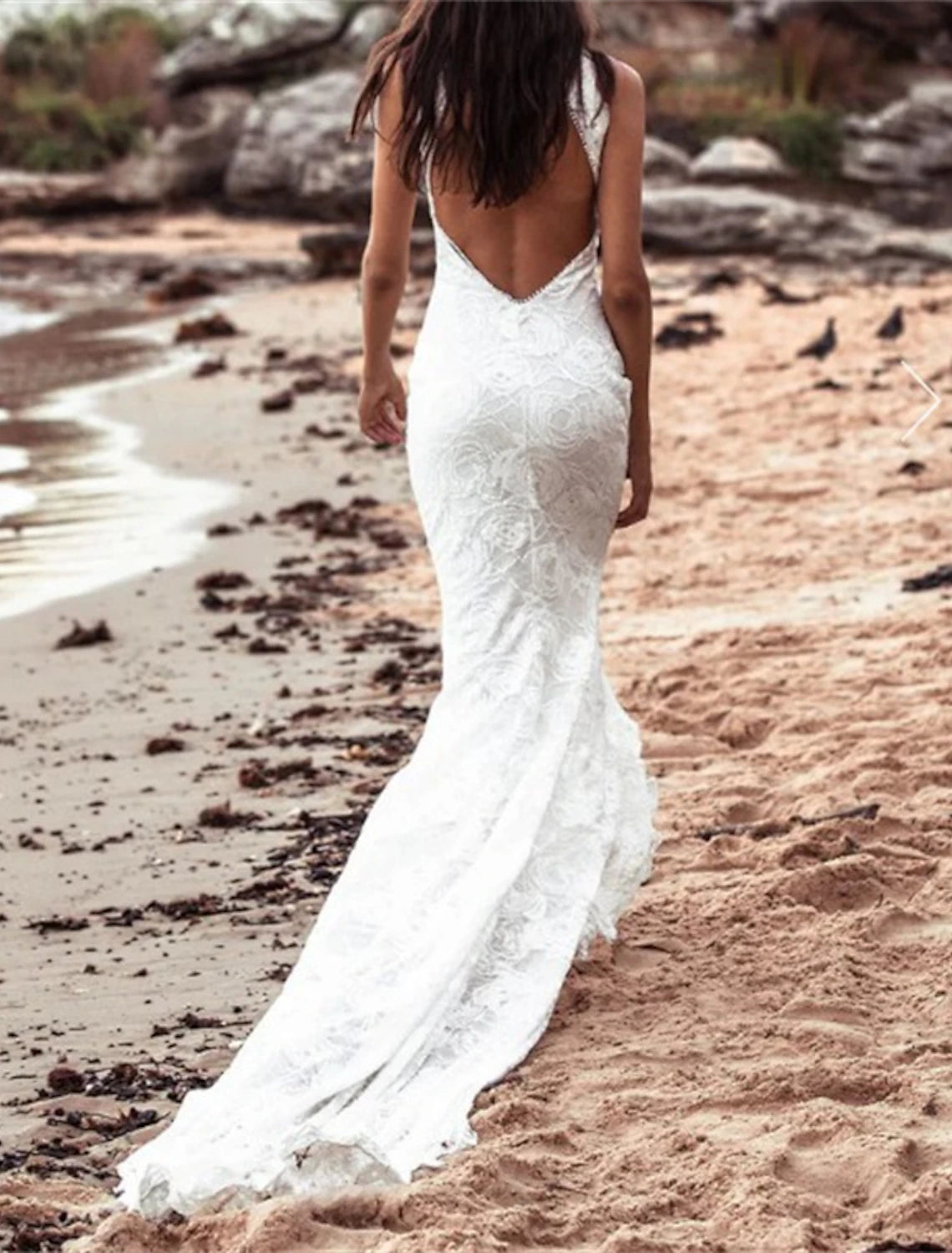 Beach Open Back Boho Wedding Dresses Mermaid / Trumpet Halter Sleeveless Chapel Train Lace Bridal Gowns With Appliques Solid Color Summer Fall Wedding Party , Women's Clothing
