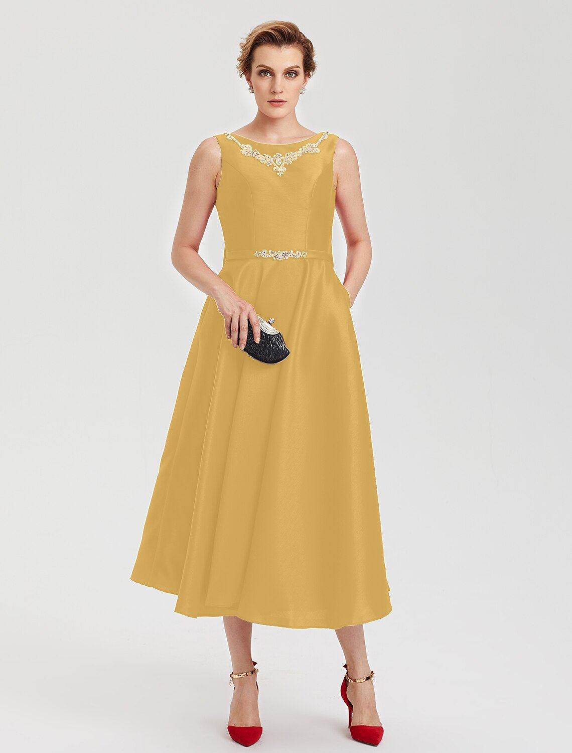 A-Line Elegant Open Back Evening Party Formal Dress Jewel Neck Sleeveless Tea Length Satin with Rhinestone Crystal Sash / Ribbon