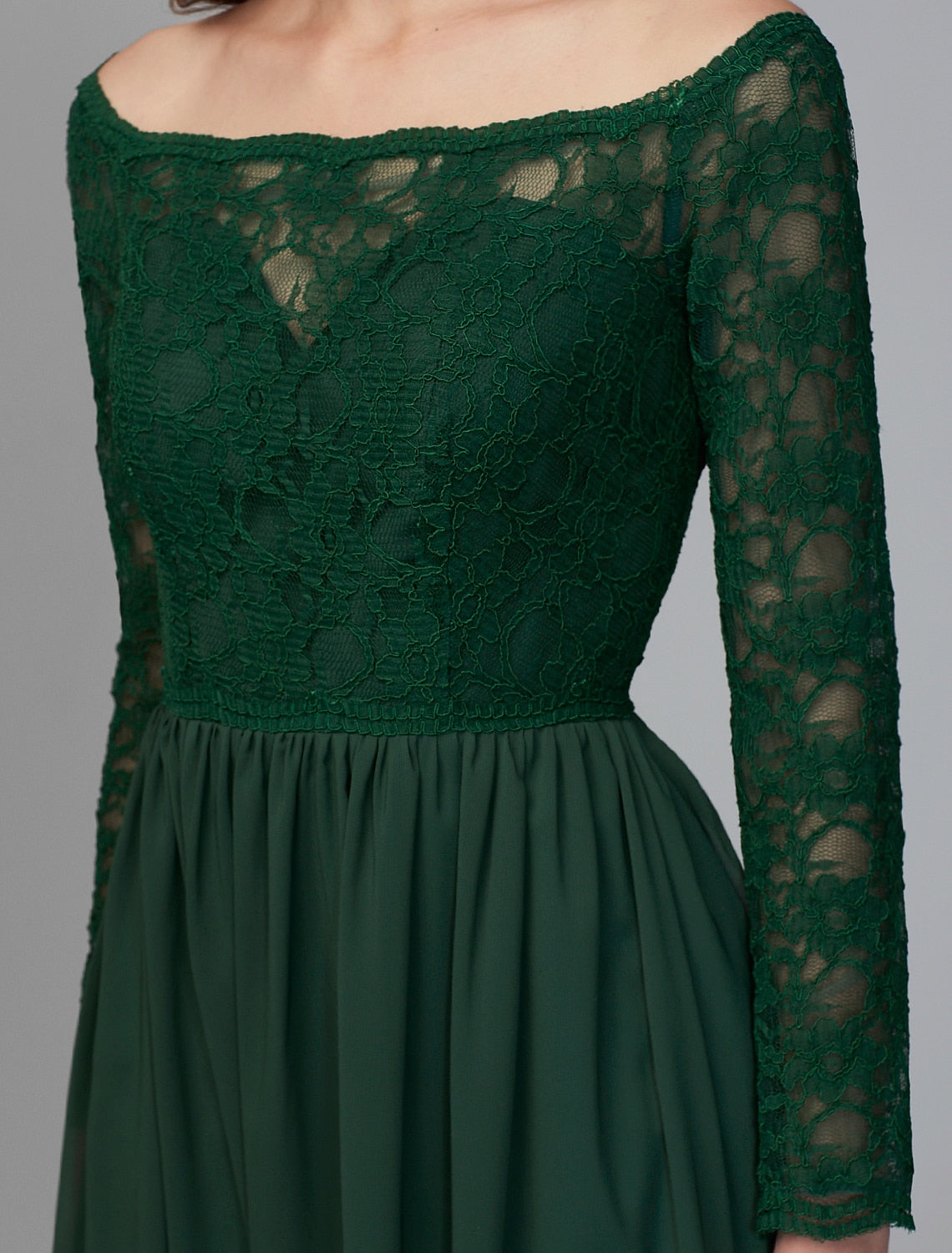 A-Line Bridesmaid Dress Off Shoulder Long Sleeve Elegant Floor Length Chce wiiffon / Lath Lace