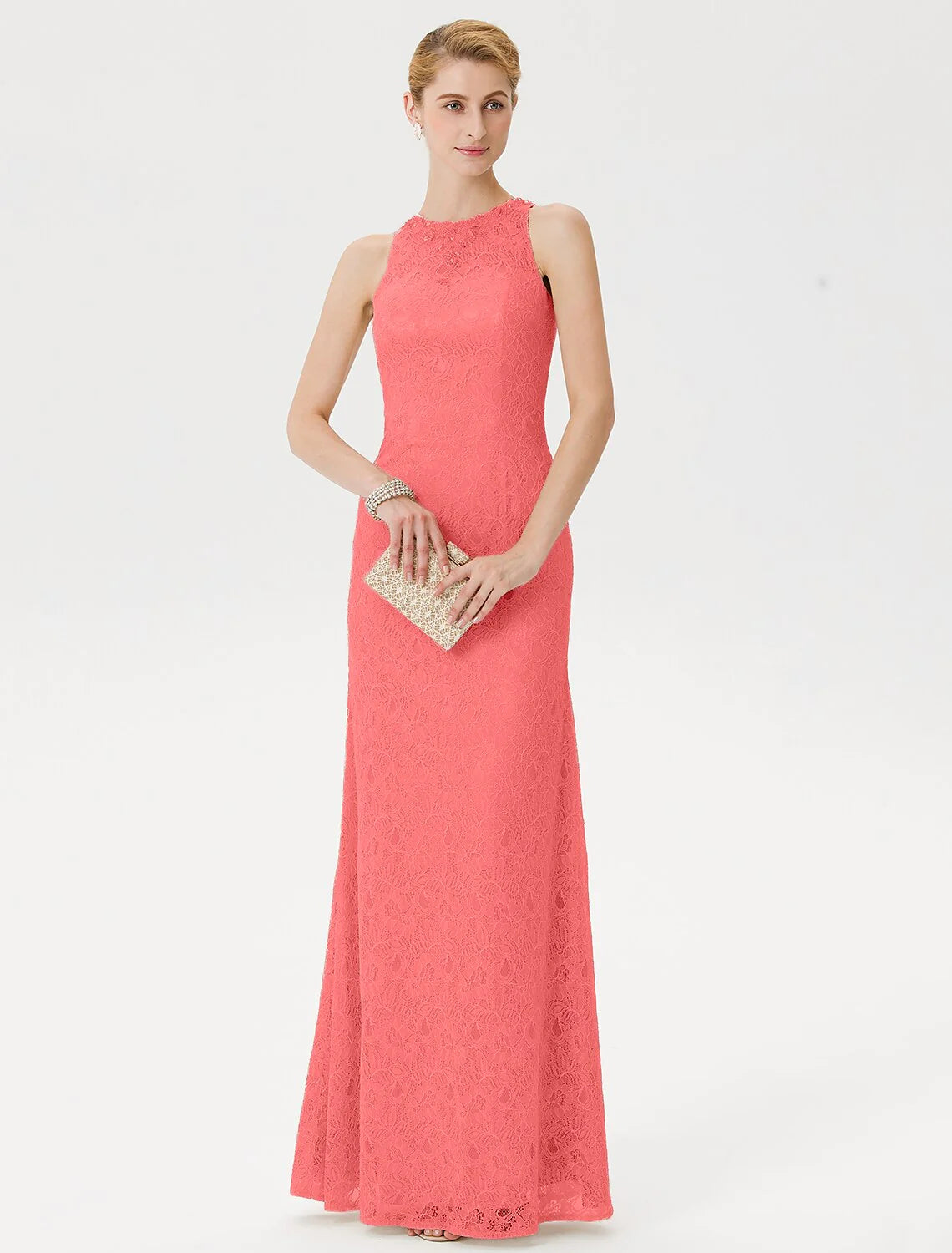 Sheath / Column Mother of the Bride Dress Elegant See Through Illusion Neck Floor Length Lace Sleeveless with Crystals Beading