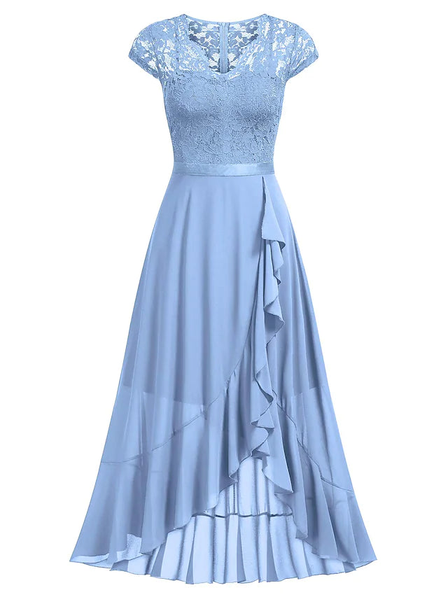 DingjiA-Line Cocktail Dresses Little Black Dress Dress Wedding Guest Asymmetrical Short Sleeve One Shoulder Chiffon with Pleats Lace Insert