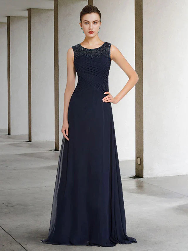 DingjiA-Line Mother of the Bride Dress Elegant Jewel Neck Floor Length Chiffon Sleeveless with Pleats Beading