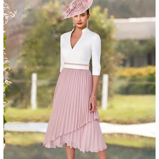 A-Line Mother of the Bride Dress Elegant High Low V Neck Asymmetrical Tea Length Chiffon Satin Short Sleeve with Sash / Ribbon Pleats Color Block