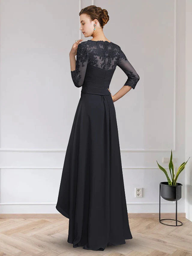 A-Line Mother of the Bride Dress Elegant High Low V Neck Asymmetrical Floor Length Chiffon Lace Half Sleeve with Appliques Ruching