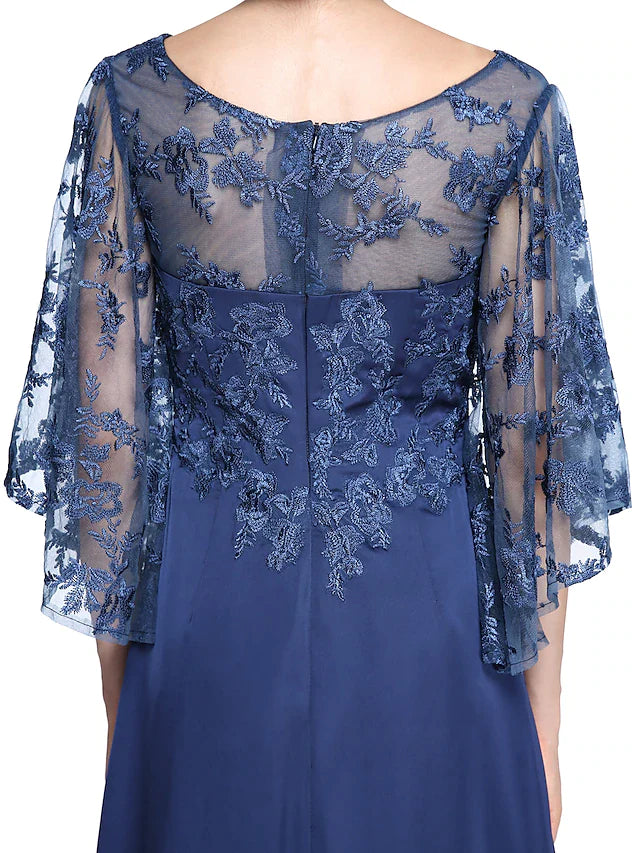 Sheath / Column Mother of the Bride Dress Elegant See Through Bateau Neck Ankle Length Chiffon Lace Half Sleeve with Lace