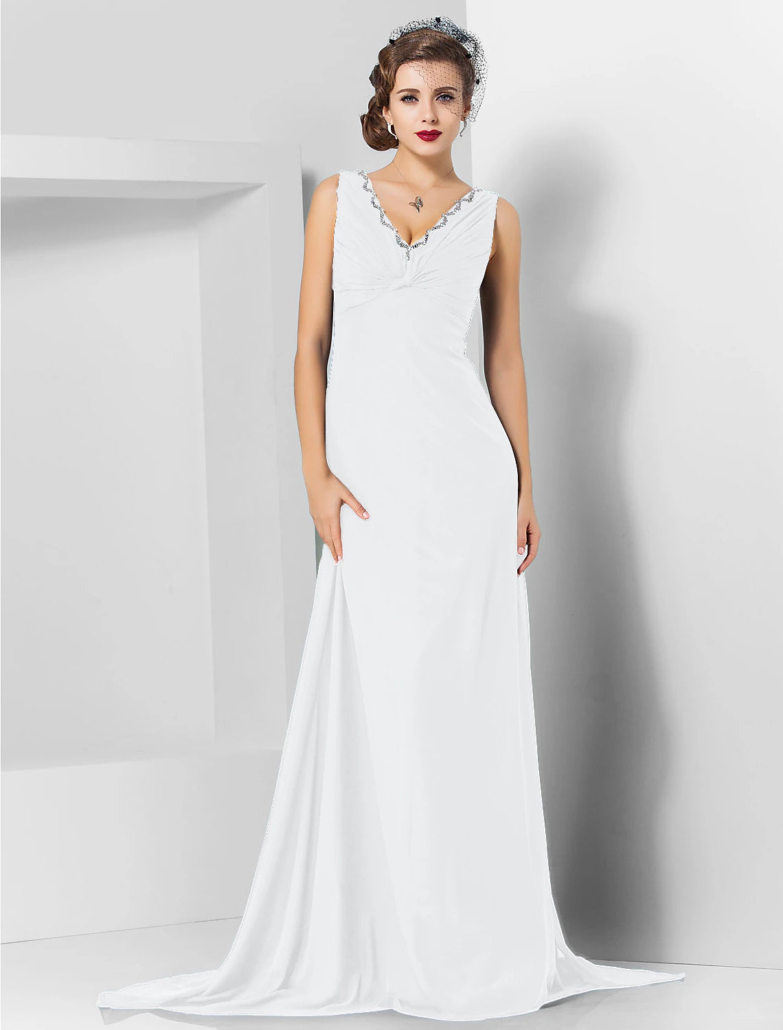 Sheath / Column Elegant Engagement Formal Evening Dress V Neck Sleeveless Sweep / Brush Train Chiffon with Crystals Draping