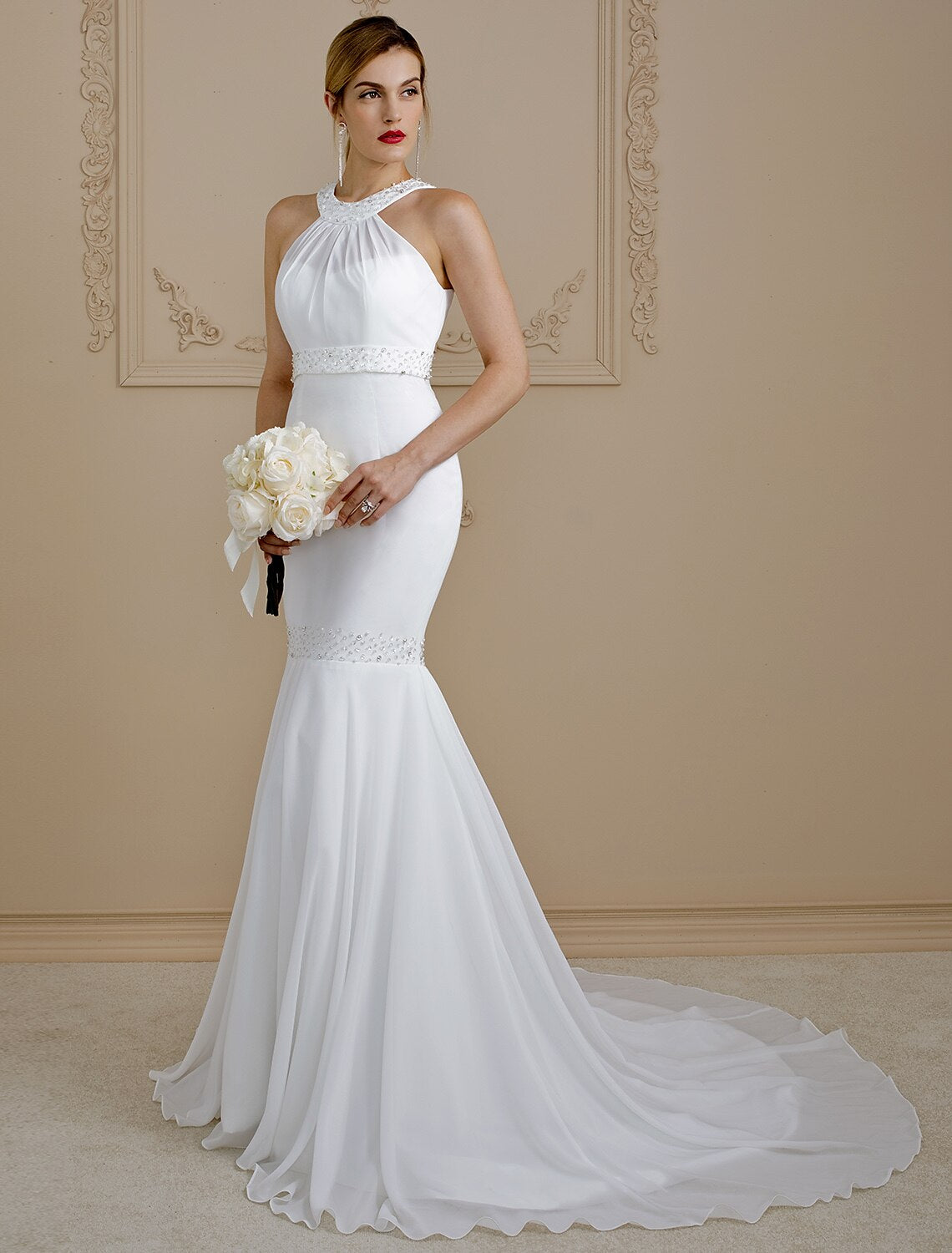 Mermaid / Trumpet Wedding Dresses Halter Neck Court Train Chiffon Regular Straps Sexy Backless with Beading
