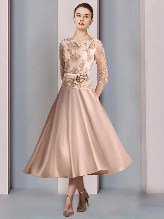A-Line Mother of the Bride Dress Formal Wedding Guest Vintage Party Elegant Scoop Neck Tea Length Satin Lace Half Sleeve with Appliques Flower