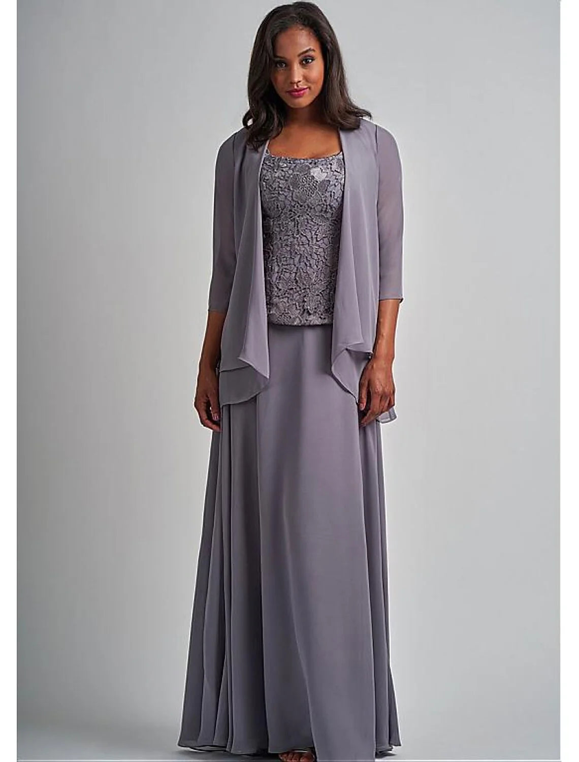 DingjiTwo Piece A-Line Mother of the Bride Dress Elegant Square Neck Floor Length Chiffon Lace 3/4 Length Sleeve Wrap Included with Appliques