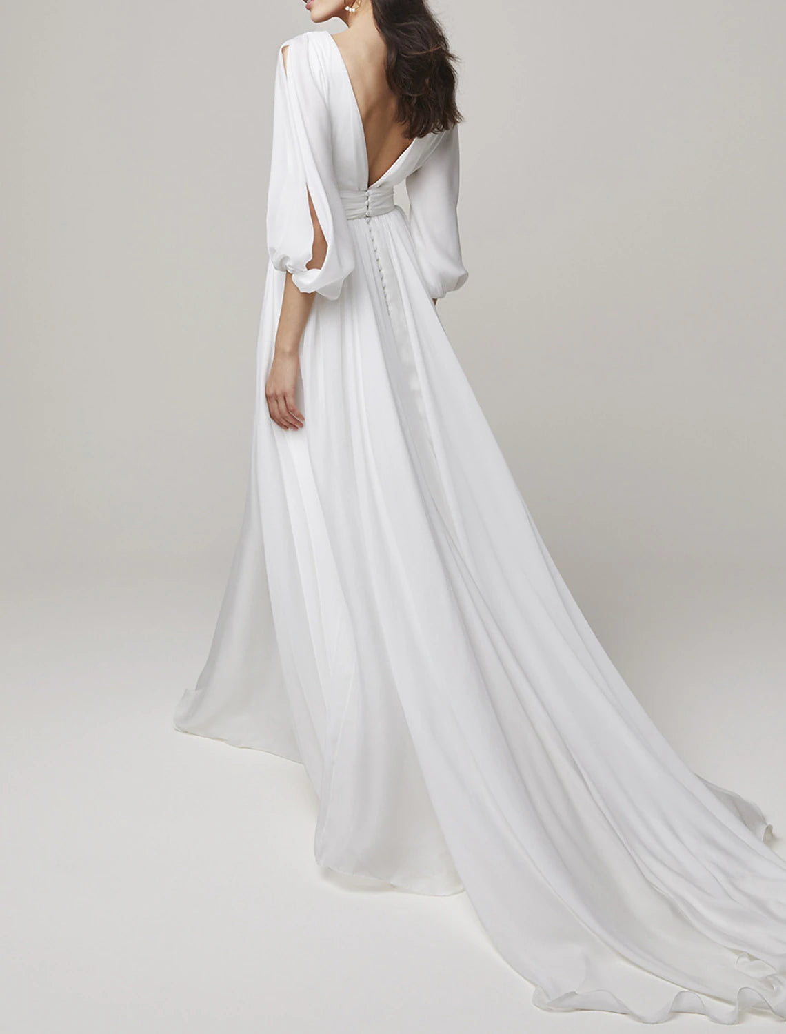 Hall Casual Wedding Dresses A-Line V Neck 3/4 Length Sleeve Court Train Chiffon Bridal Gowns With Solid Color