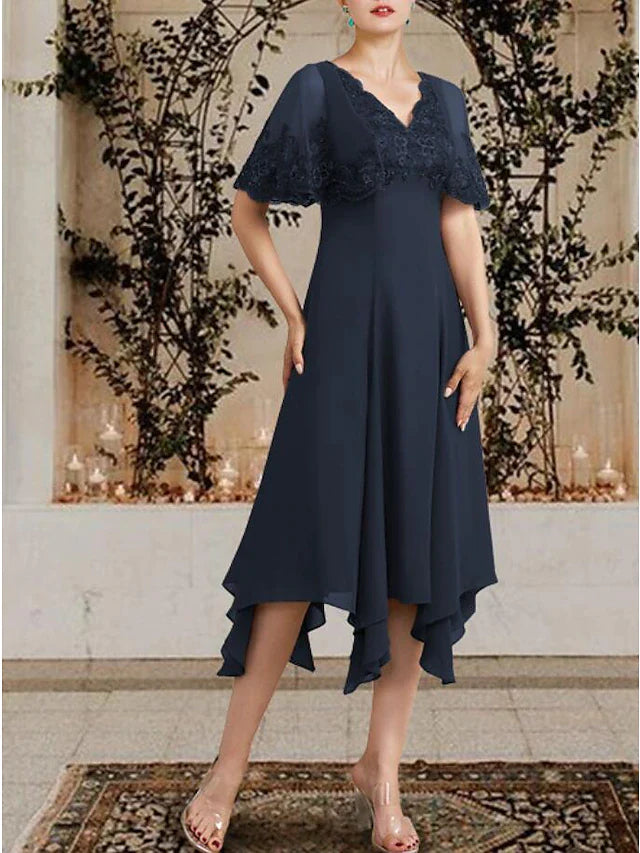 A-Line Mother of the Bride Dress Plus Size Elegant High Low V Neck Asymmetrical Tea Length Chiffon Lace Sleeveless with Appliques