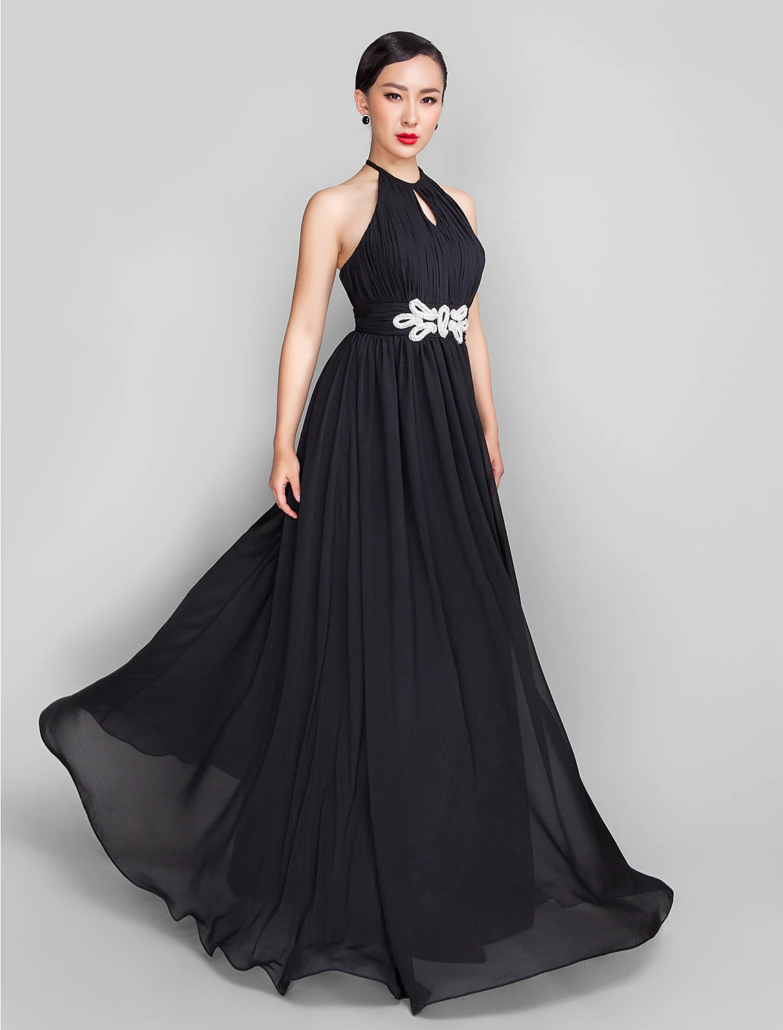 A-Line Open Back Keyhole Formal Evening Wedding Party Military Ball Dress High Neck Sleeveless Floor Length Chiffon with Beading