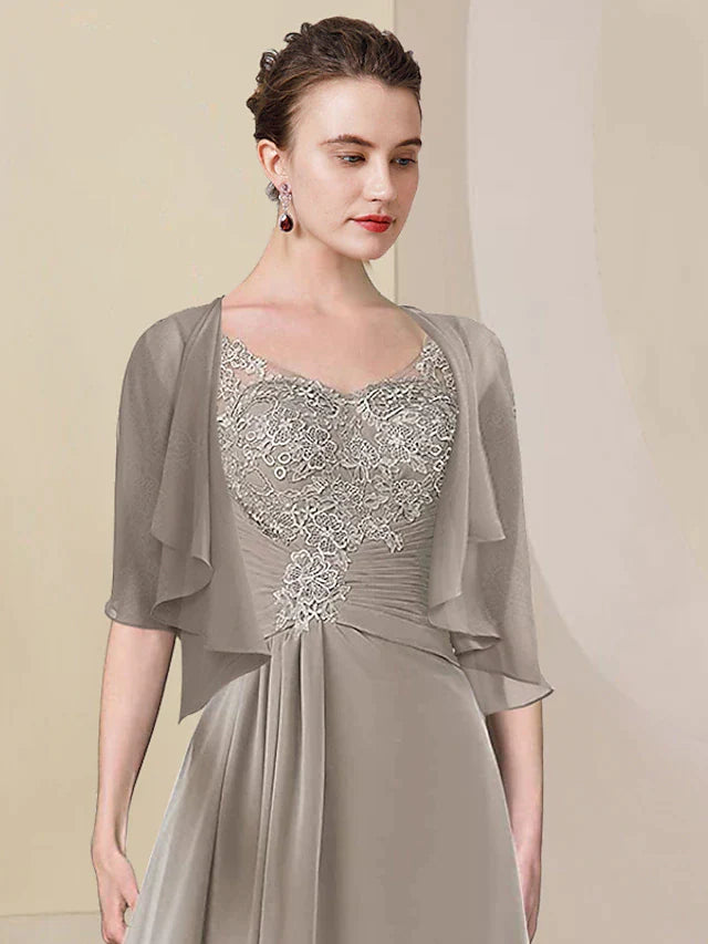 Two Piece A-Line Mother of the Bride Dress Formal Wedding Guest Elegant High Low V Neck Asymmetrical Tea Length Chiffon Lace Half Sleeve Wrap Included with Ruched Appliques