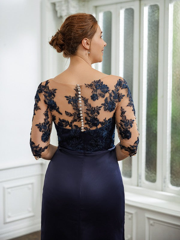 Sheath/Column Satin Applique Bateau 1/2 Sleeves Sweep/Brush Train Mother of the Bride Dresses