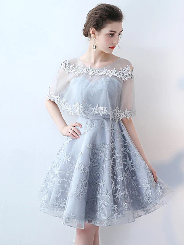 DingjiA-Line Minimalist Elegant Party Wear Cocktail Party Dress Jewel Neck Half Sleeve Short / Mini Tulle with Lace Insert Pattern / Print