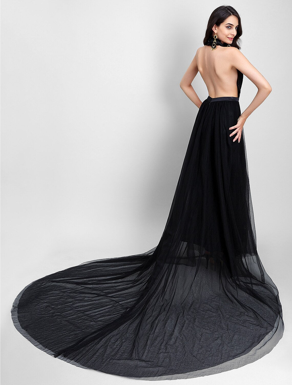 A-Line Celebrity Style Dress Formal Evening Chapel Train Sleeveless Halter Neck Tulle with Draping