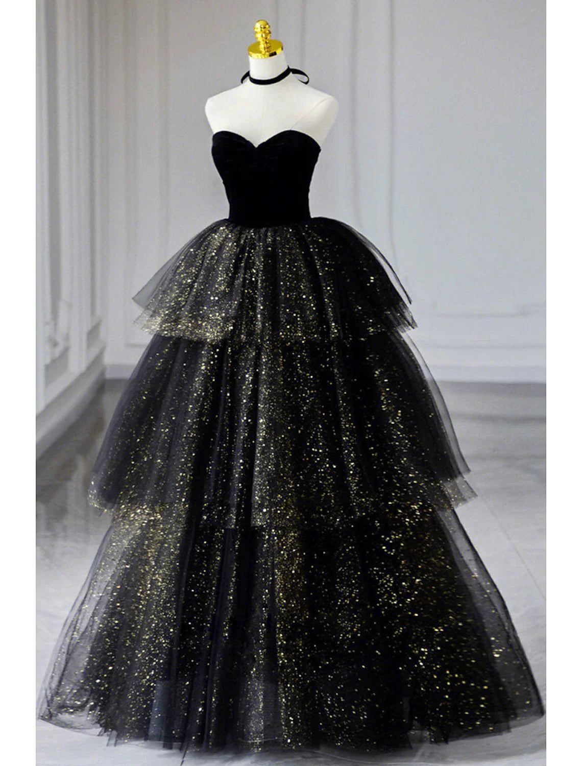DingjiA-Line Prom Dresses Black Dress Dress Formal Birthday Floor Length Sleeveless Strapless Tulle with Ruched Sequin