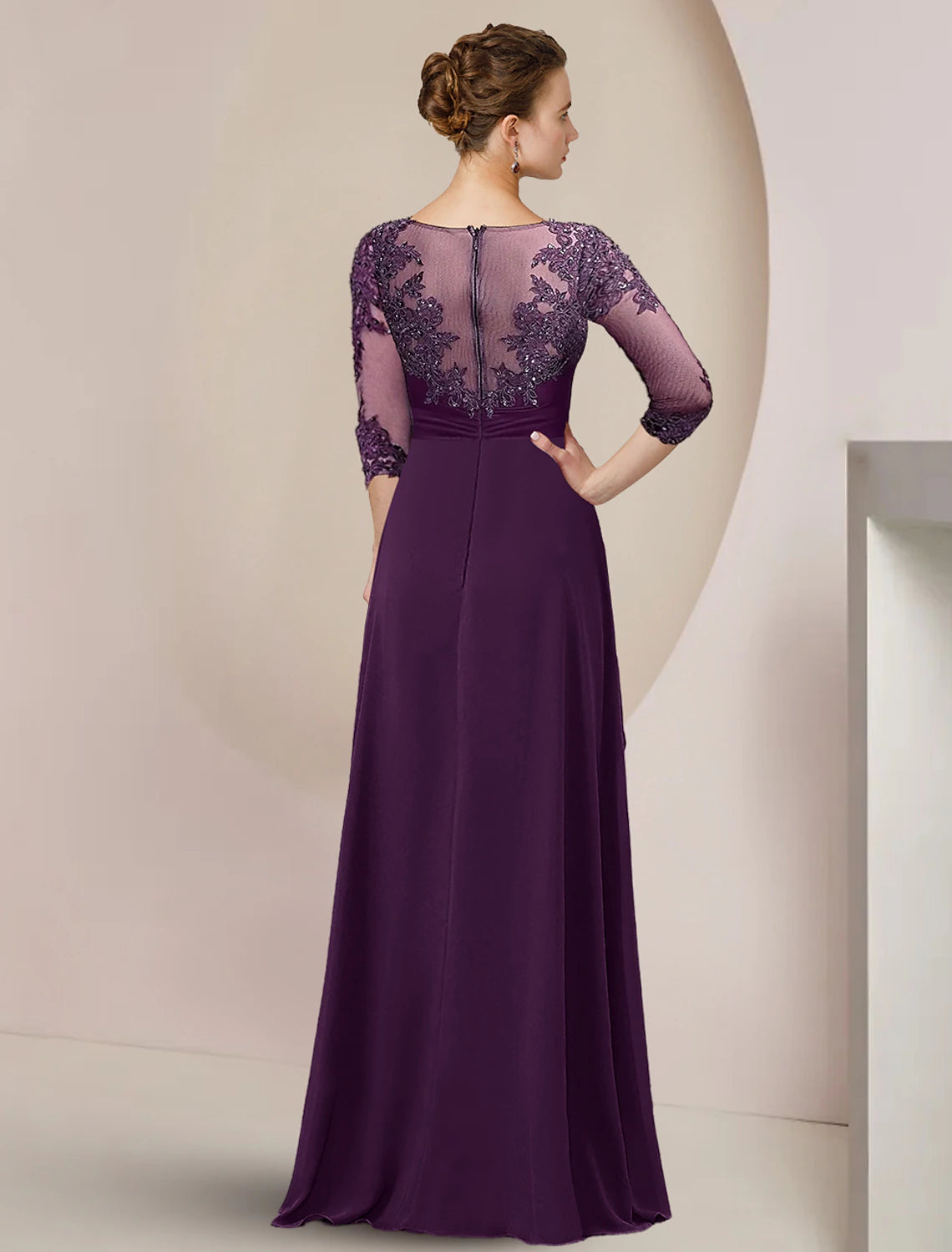 A-Line Mother of the Bride Dress Formal Wedding Guest Elegant High Low Scoop Neck Asymmetrical Floor Length Chiffon Lace 3/4 Length Sleeve with Beading Sequin Appliques 2023