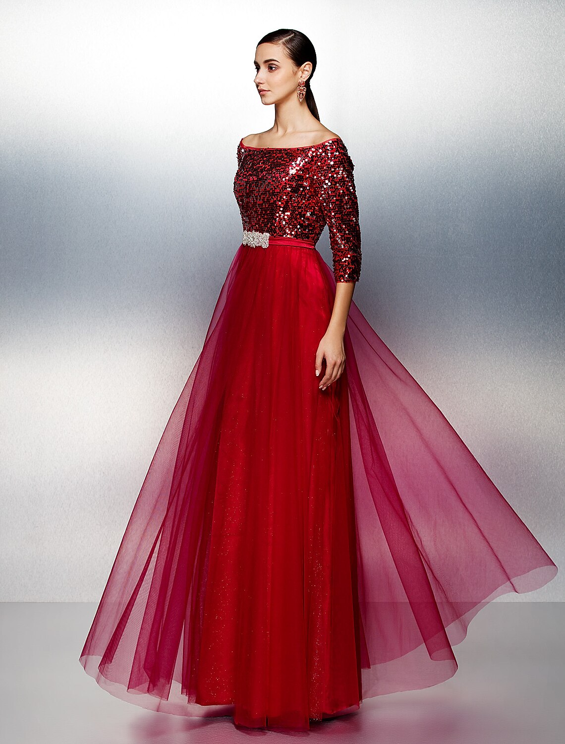 A-Line Bateau Neck / Boat Neck Floor Length Tulle / Sequined Sparkle & Shine / Beaded & Sequin Prom / Formal Evening Dress with Sash / Ribbon / Sequin