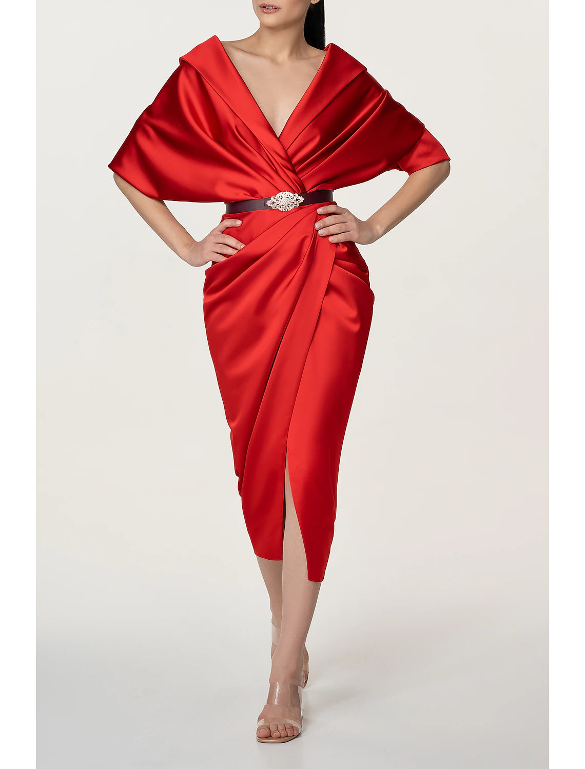 A-Line Evening Gown High Split Dress Formal Fall Sweep / Brush Train Long Sleeve V Neck Stretch Fabric with Pleats Crystals Ruffles