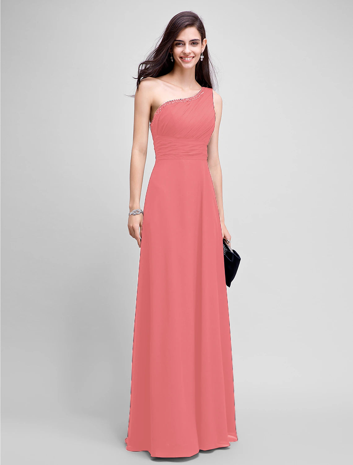 Sheath / Column Empire Dress Wedding Guest Formal Evening Floor Length Sleeveless One Shoulder Bridesmaid Dress Chiffon with Ruched Beading