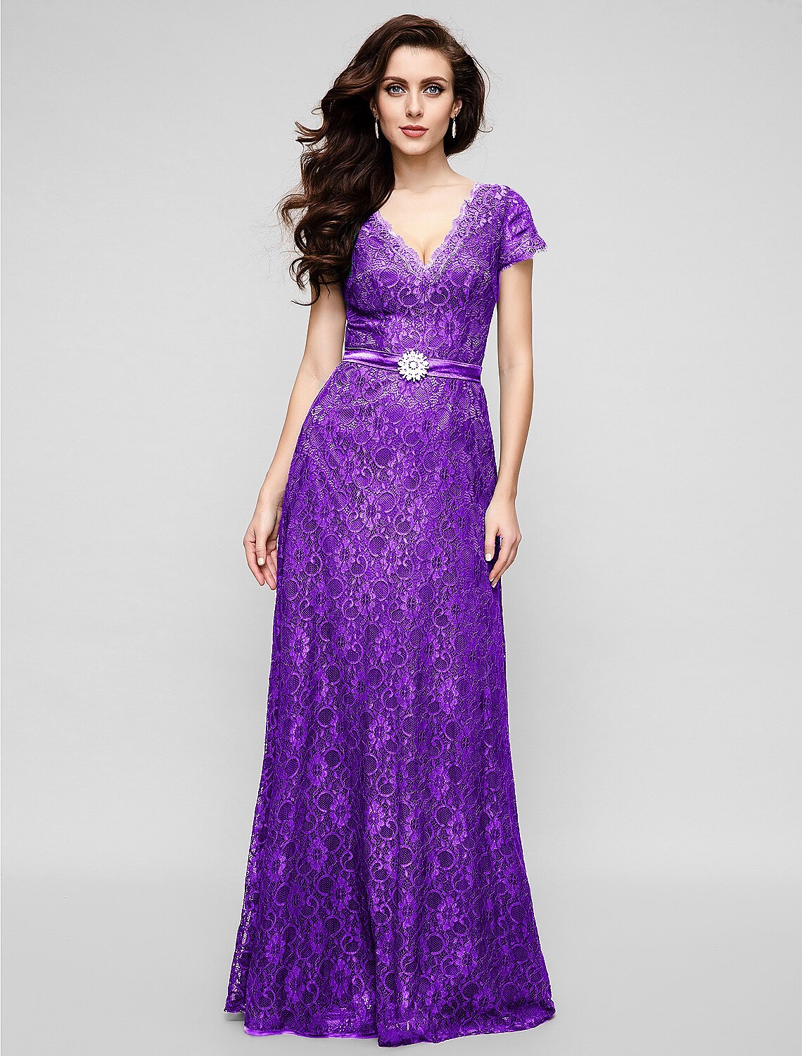 A-Line Elegant Dress Holiday Cocktail Party Floor Length Short Sleeve V Neck All Over Lace with Crystal Brooch