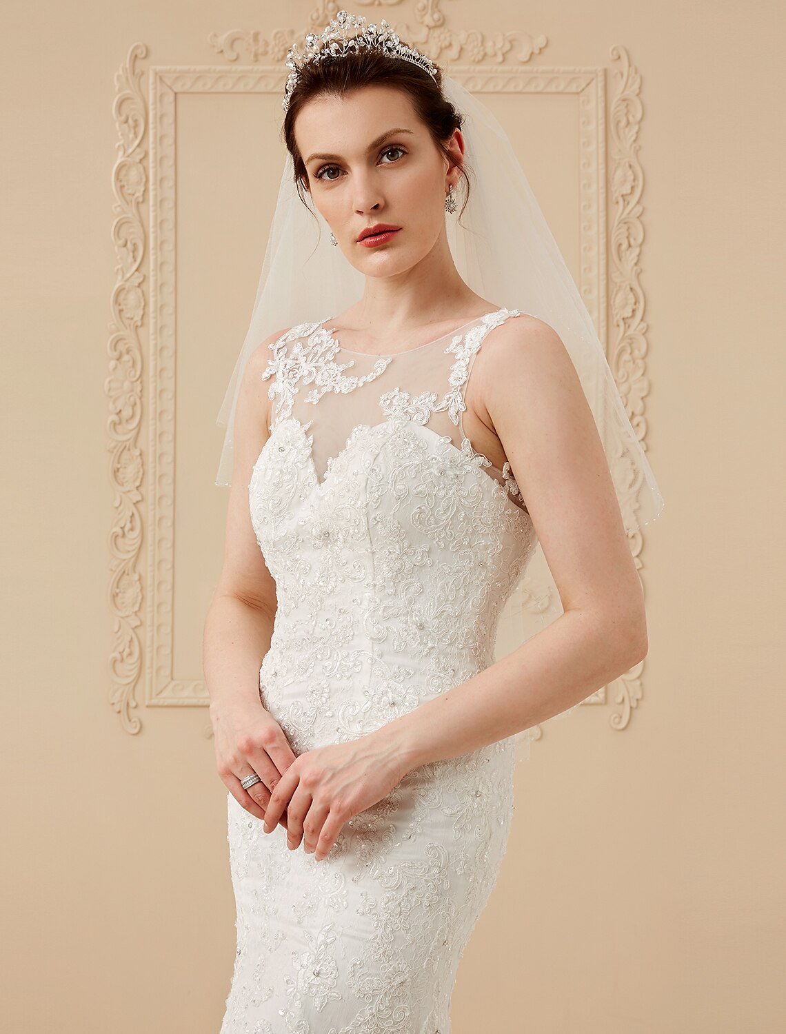 Hall Wedding Dresses Mermaid / Trumpet Scoop Neck Regular Straps Chapel Train Tulle Over Lace Bridal Gowns With Beading