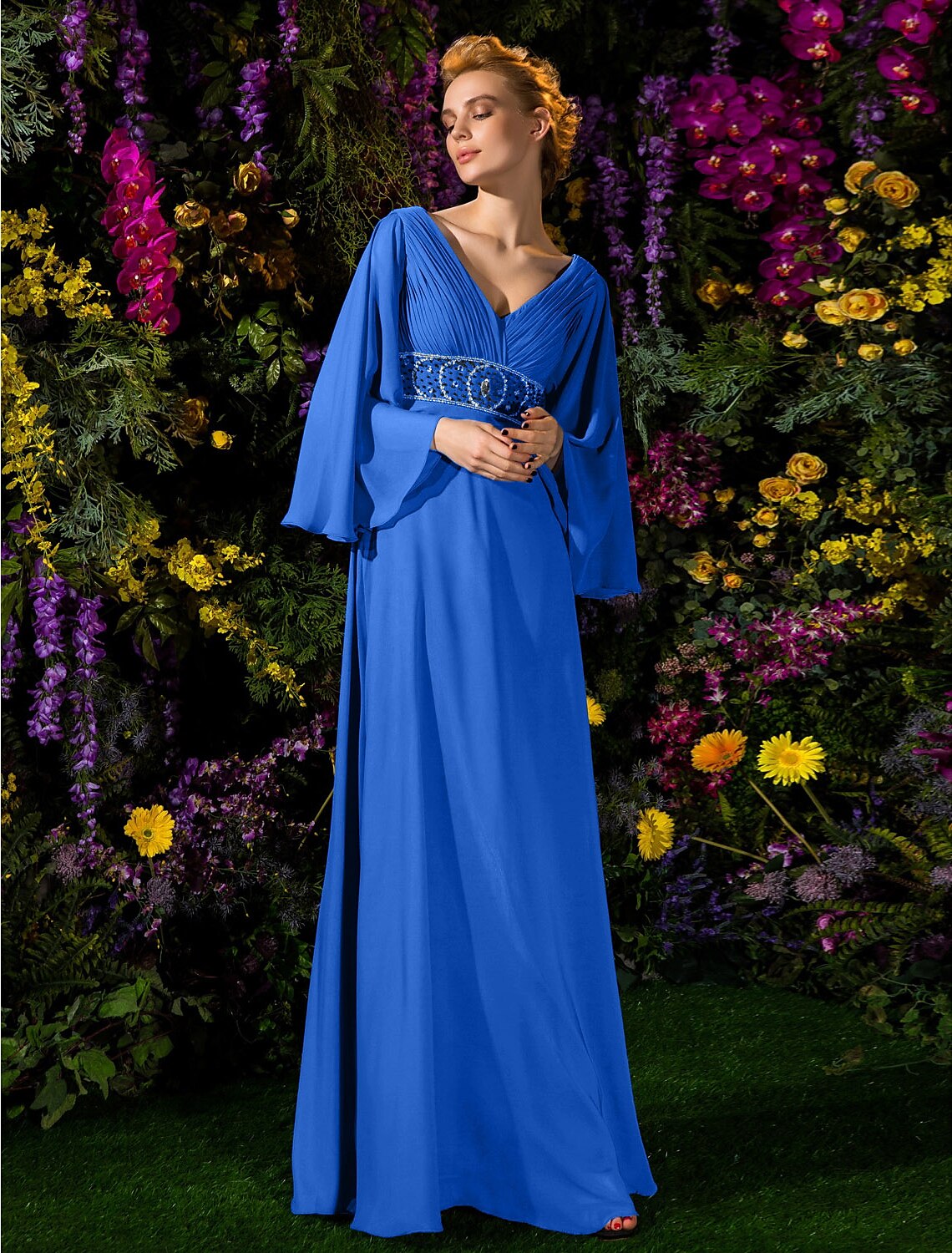A-Line Mother of the Bride Dress Vintage Inspired V Neck Floor Length Chiffon Long Sleeve with Crystals Beading Side Draping