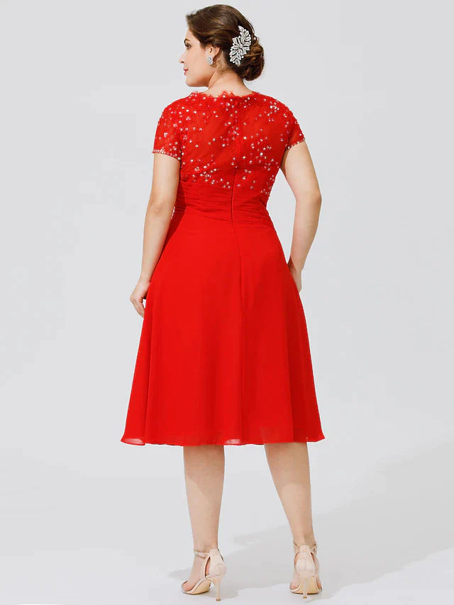 A-Line Mother of the Bride Dress Elegant & Luxurious Beautiful Back Plus Size Jewel Neck Knee Length Chiffon Beaded Lace Short Sleeve No with Pleats Beading Flower