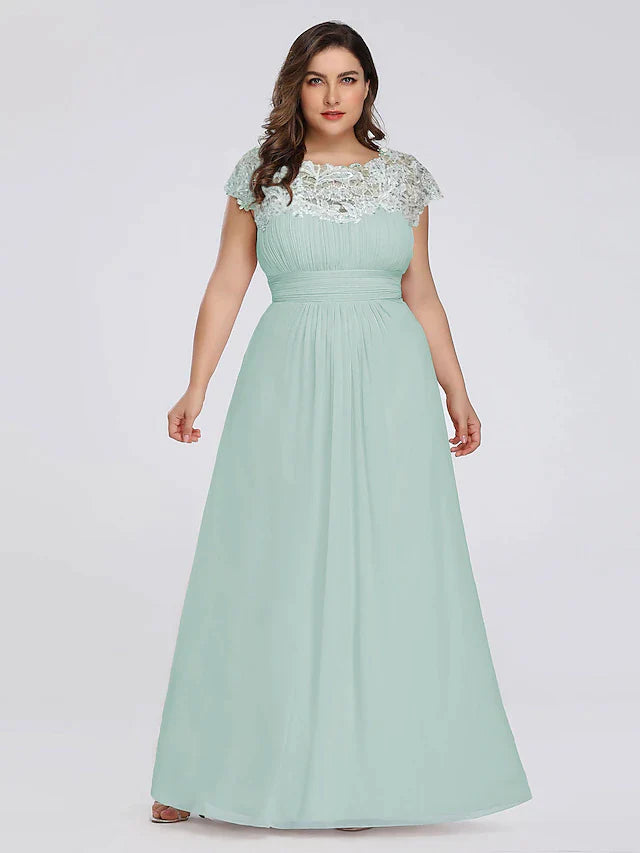 A-Line Mother of the Bride Dress Plus Size Jewel Neck Floor Length Chiffon Short Sleeve with Lace Ruching