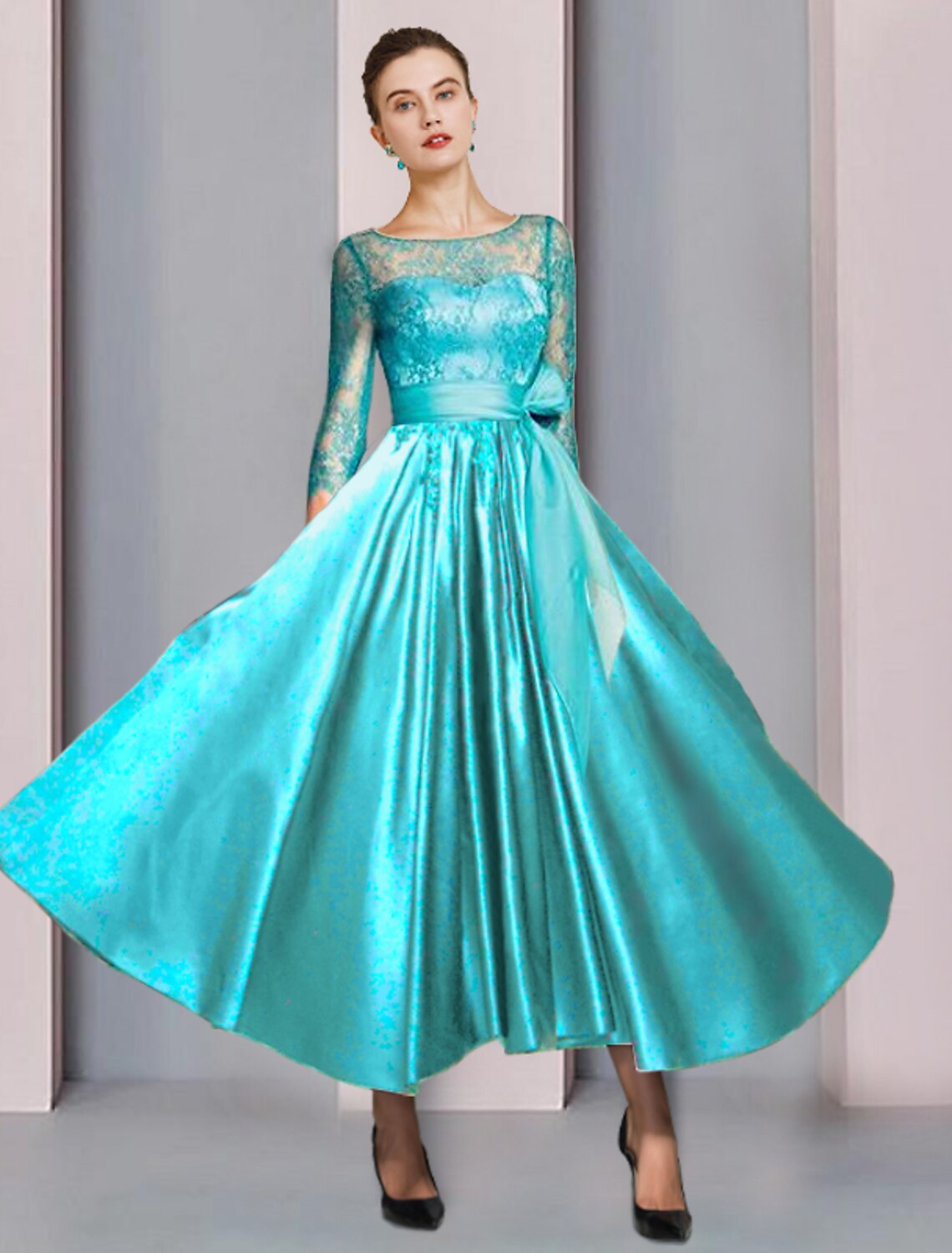 A-Line Mother of the Bride Dress Formal Wedding Guest Party Elegant Scoop Neck Ankle Length Satin Lace 3/4 Length Sleeve with Bow(s) Pleats 2023